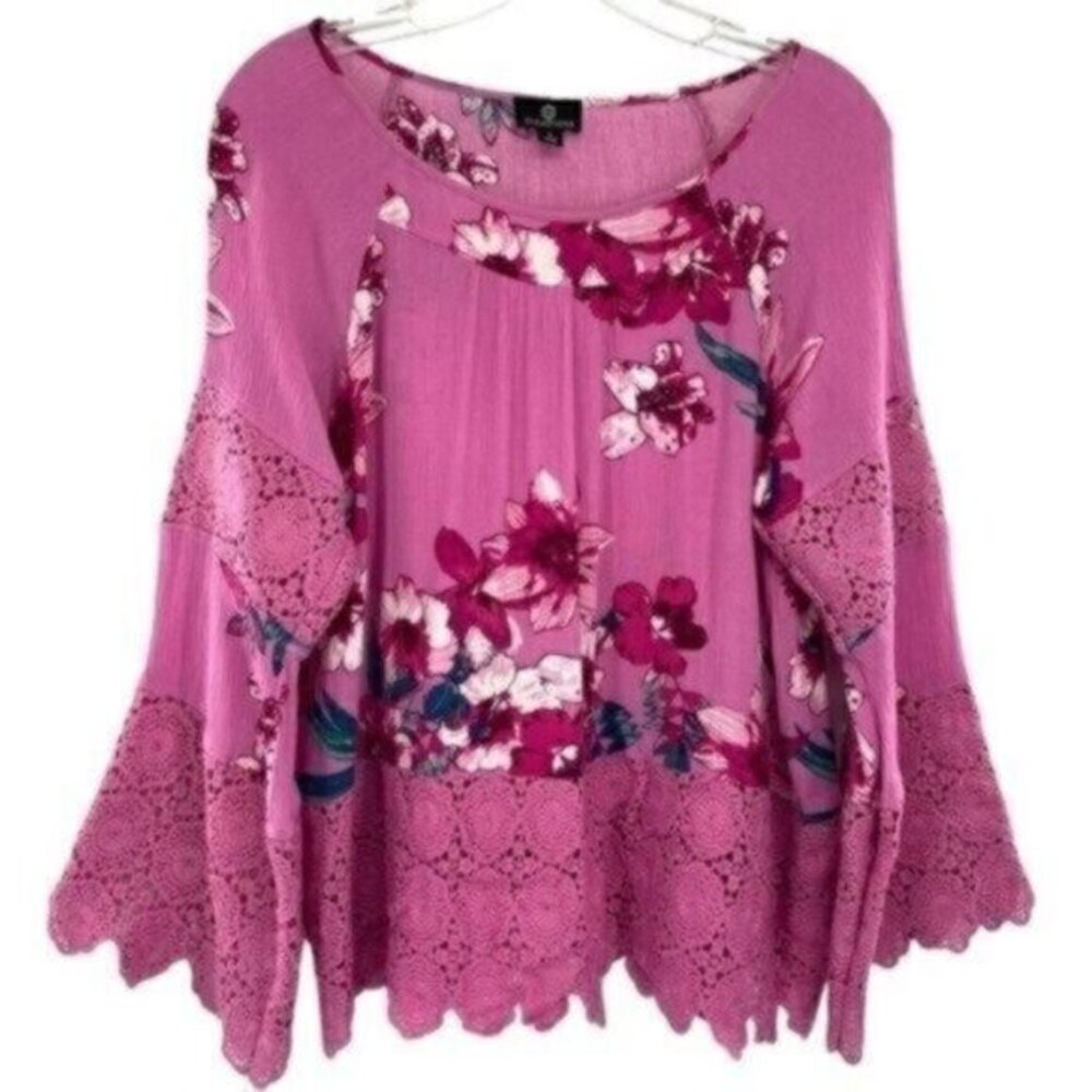 Curations Pink Floral Crochet Bell Sleeve Blouse